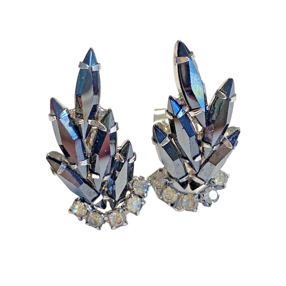 Clip On Earrings Silvertone Smoky Black Marquis Rhinestones Vintage Mid Century - Picture 1 of 6